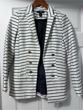 H&M White and Black Striped Double-Breasted Blazer with Gold Buttons